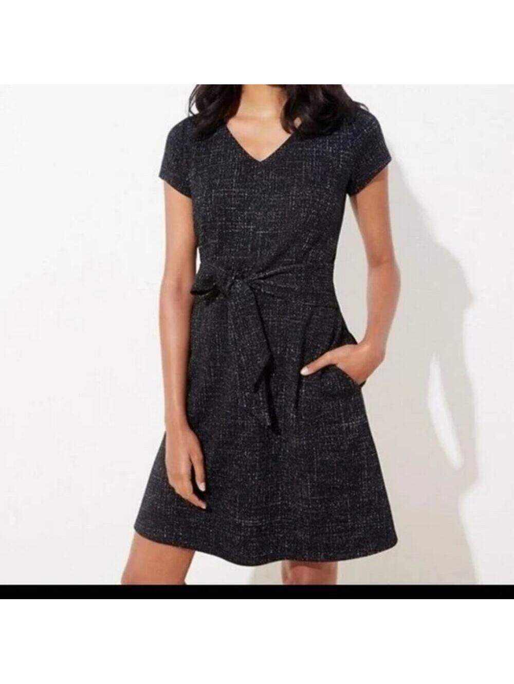 Loft EUC Women's Black Shimmer Tweed Tie Waist Dress Size 0